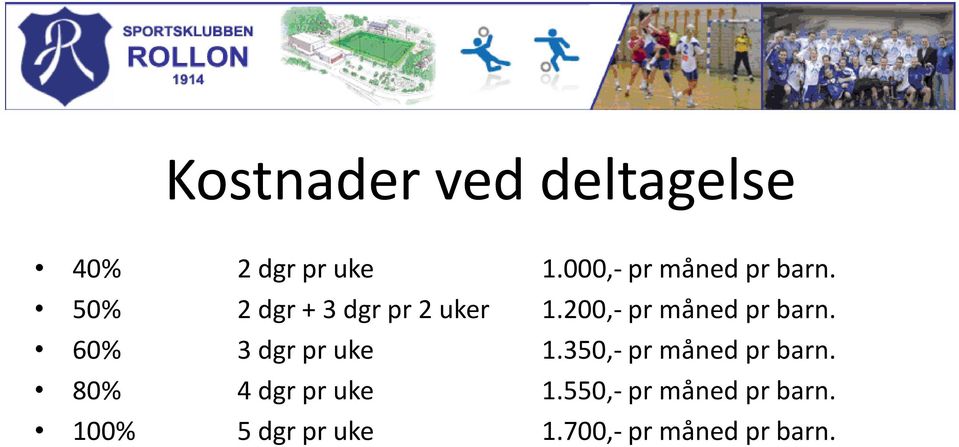 200,- pr måned pr barn. 60% 3 dgr pr uke 1.