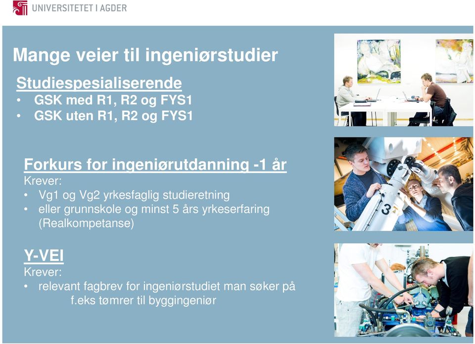 studieretning eller grunnskole og minst 5 års yrkeserfaring (Realkompetanse) Y-VEI