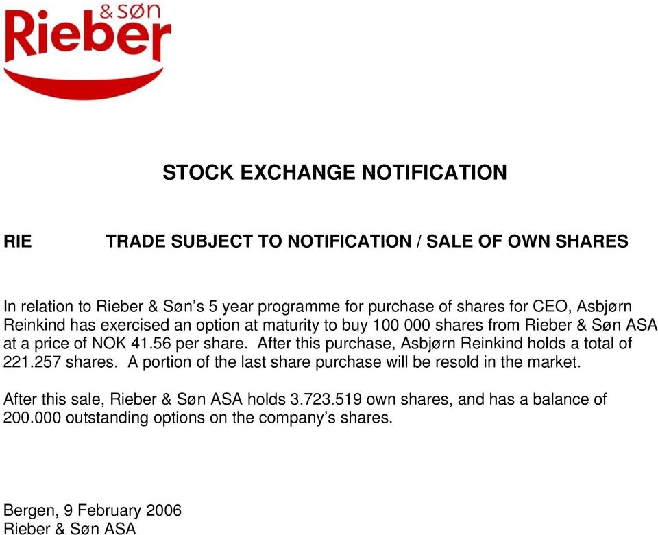 After this purchase, Asbjørn Reinkind holds a total of 221.257 shares. A portion of the last share purchase will be resold in the market.