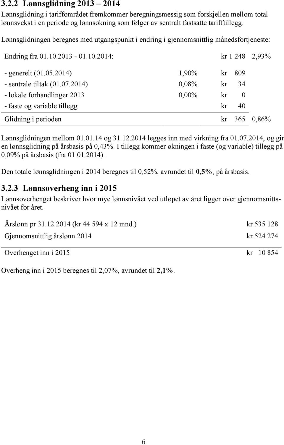2014) 1,90% kr 809 - sentrale tiltak (01.07.2014) 0,08% kr 34 - lokale forhandlinger 2013 0,00% kr 0 - faste og variable tillegg kr 40 Glidning i perioden kr 365 0,86% Lønnsglidningen mellom 01.01.14 og 31.