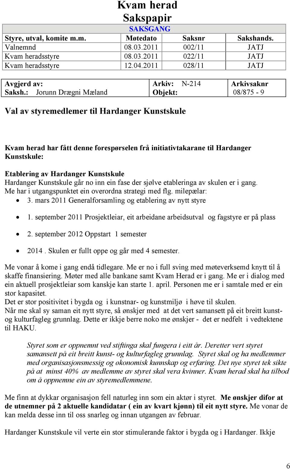 : Jorunn Drægni Mæland Arkiv: N-214 Objekt: Arkivsaknr 08/875-9 Val av styremedlemer til Hardanger Kunstskule Kvam herad har fått denne forespørselen frå initiativtakarane til Hardanger Kunstskule: