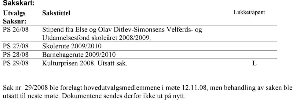 Lukket/åpent PS 27/08 Skolerute 2009/2010 PS 28/08 Barnehagerute 2009/2010 PS 29/08 Kulturprisen 2008.