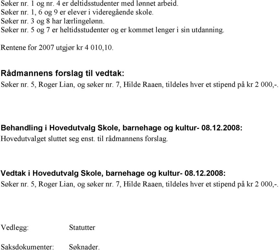 Behandling i Hovedutvalg Skole, barnehage og kultur- 08.12.2008: Hovedutvalget sluttet seg enst. til rådmannens forslag. Vedtak i Hovedutvalg Skole, barnehage og kultur- 08.12.2008: Søker nr.