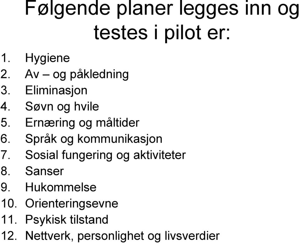 Språk og kommunikasjon 7. Sosial fungering og aktiviteter 8. Sanser 9.