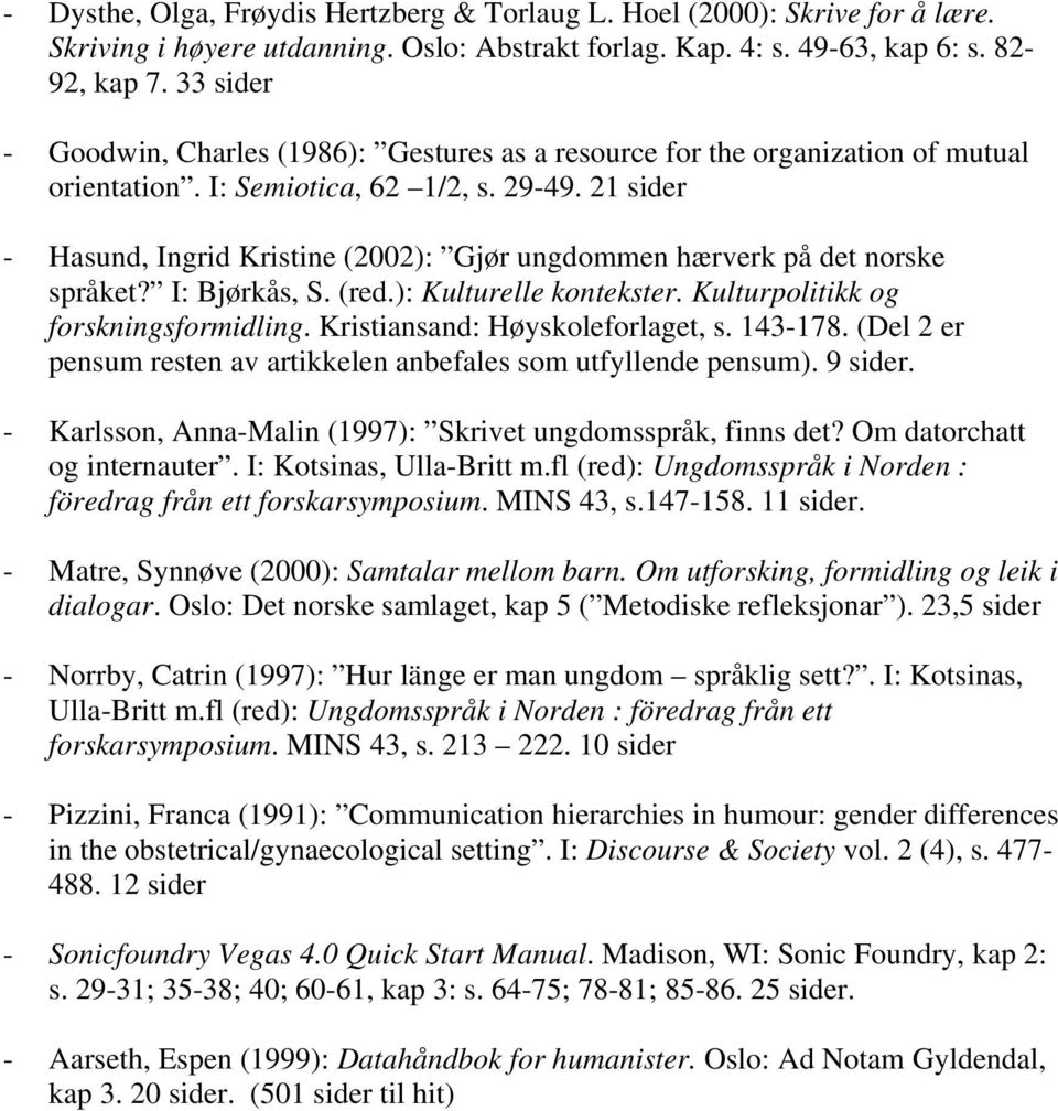 21 sider - Hasund, Ingrid Kristine (2002): Gjør ungdommen hærverk på det norske språket? I: Bjørkås, S. (red.): Kulturelle kontekster. Kulturpolitikk og forskningsformidling.