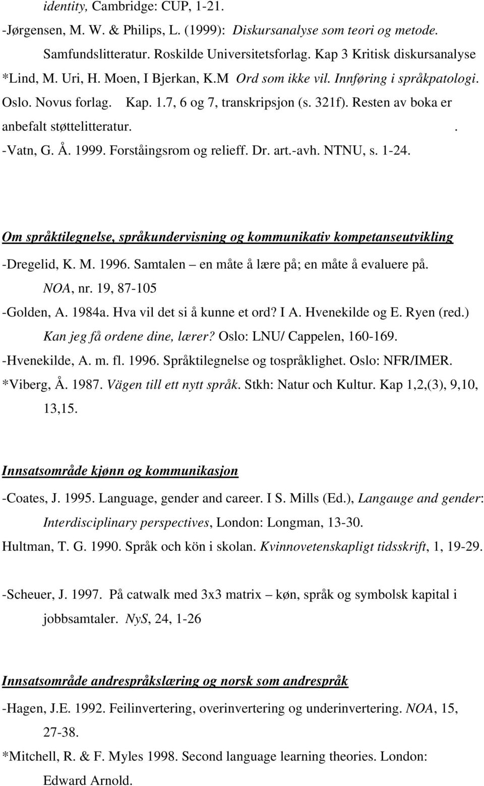 1999. Forståingsrom og relieff. Dr. art.-avh. NTNU, s. 1-24. Om språktilegnelse, språkundervisning og kommunikativ kompetanseutvikling -Dregelid, K. M. 1996.