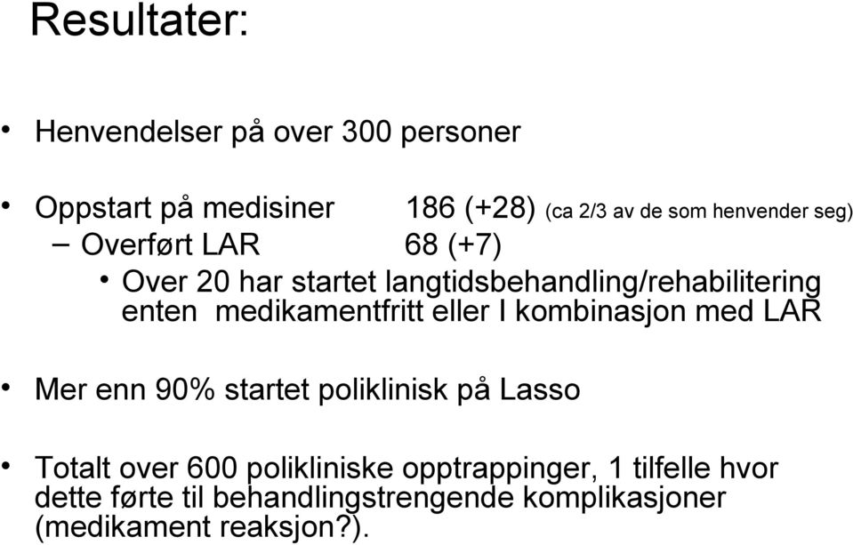 medikamentfritt eller I kombinasjon med LAR Mer enn 90% startet poliklinisk på Lasso Totalt over 600