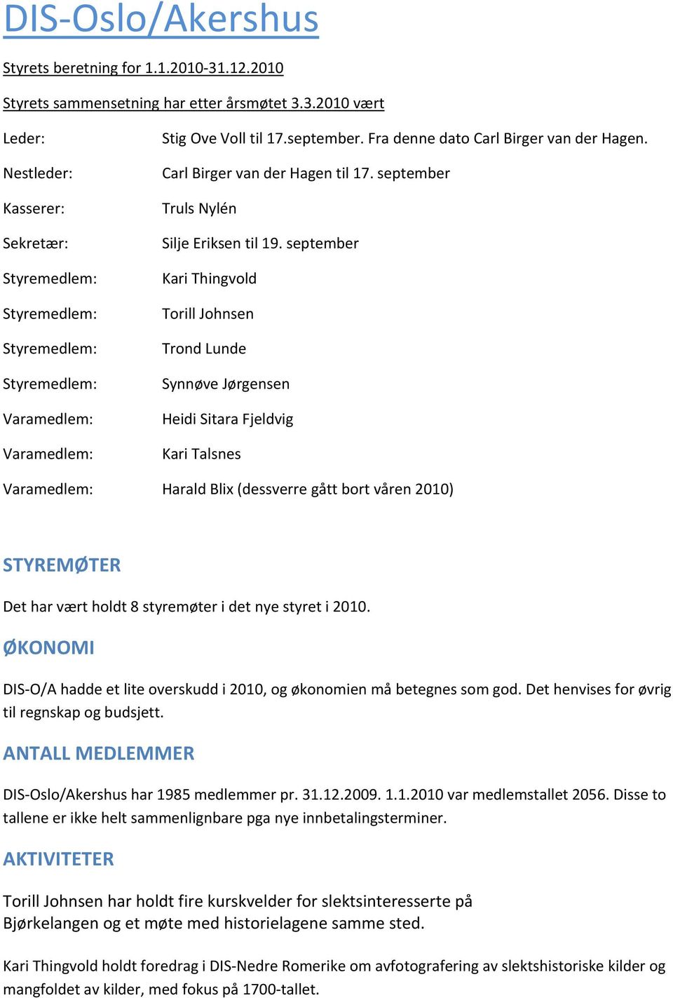 september Kari Thingvold Torill Johnsen Trond Lunde Synnøve Jørgensen Heidi Sitara Fjeldvig Kari Talsnes Varamedlem: Harald Blix (dessverre gått bort våren 2010) STYREMØTER Det har vært holdt 8