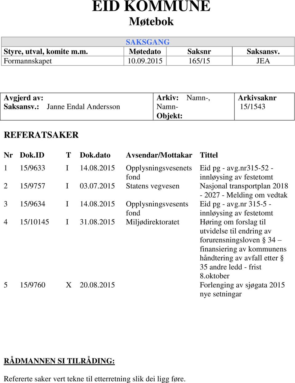 nr315-52 - innløysing av festetomt 2 15/9757 I 03.07.2015 Statens vegvesen Nasjonal transportplan 2018-2027 - Melding om vedtak 3 15/9634 I 14.08.2015 Opplysningsvesents fond Eid pg - avg.