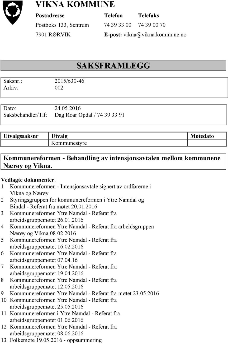 Vedlagte dokumenter: 1 Kommunereformen - Intensjonsavtale signert av ordførerne i Vikna og Nærøy 2 Styringsgruppen for kommunereformen i Ytre Namdal og Bindal - Referat fra møtet 20.01.