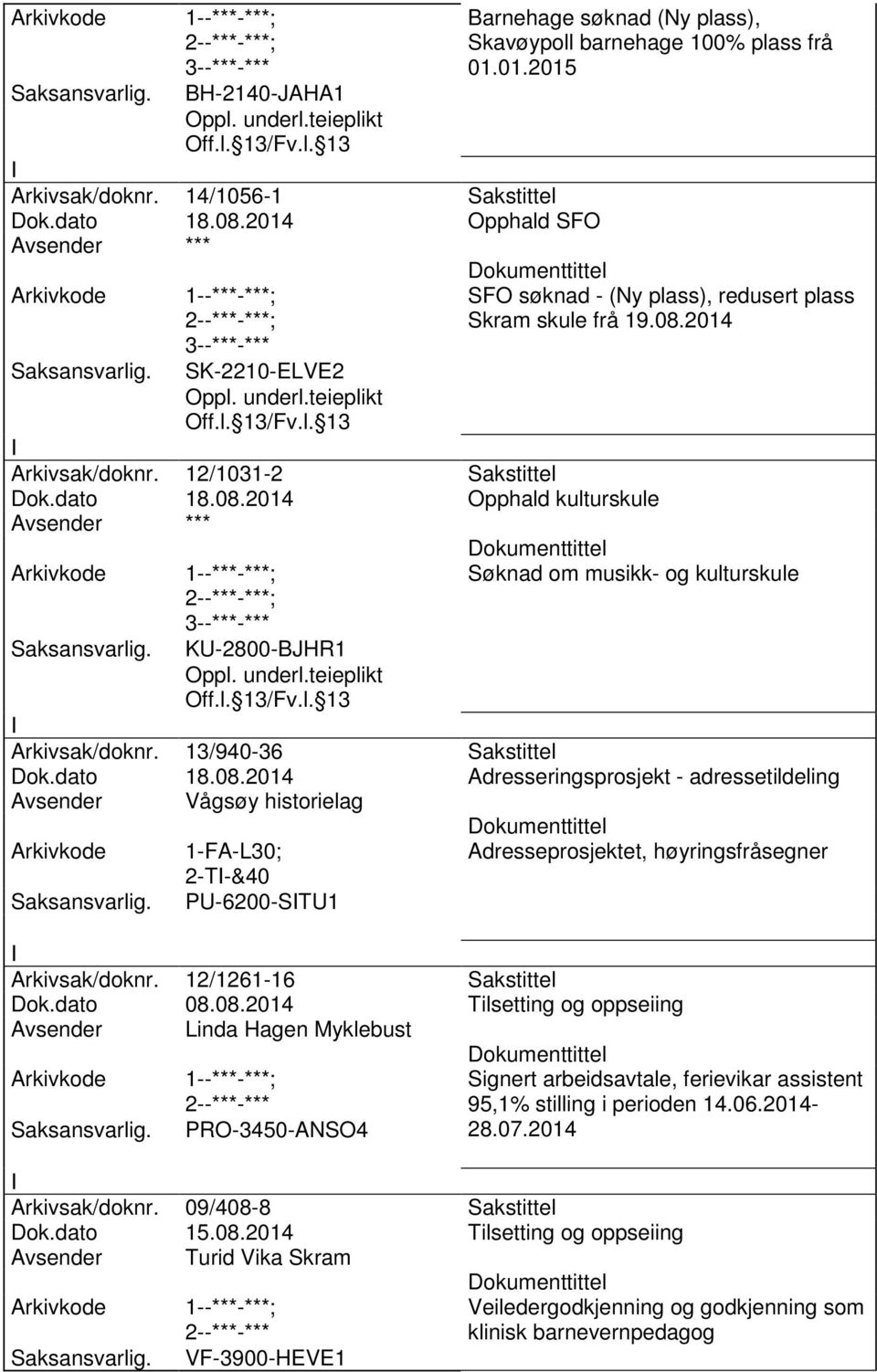 12/1261-16 Sakstittel Dok.dato 08.08.2014 Tilsetting og oppseiing Avsender Linda Hagen Myklebust PRO-3450-ANSO4 Signert arbeidsavtale, ferievikar assistent 95,1% stilling i perioden 14.06.2014-28.07.