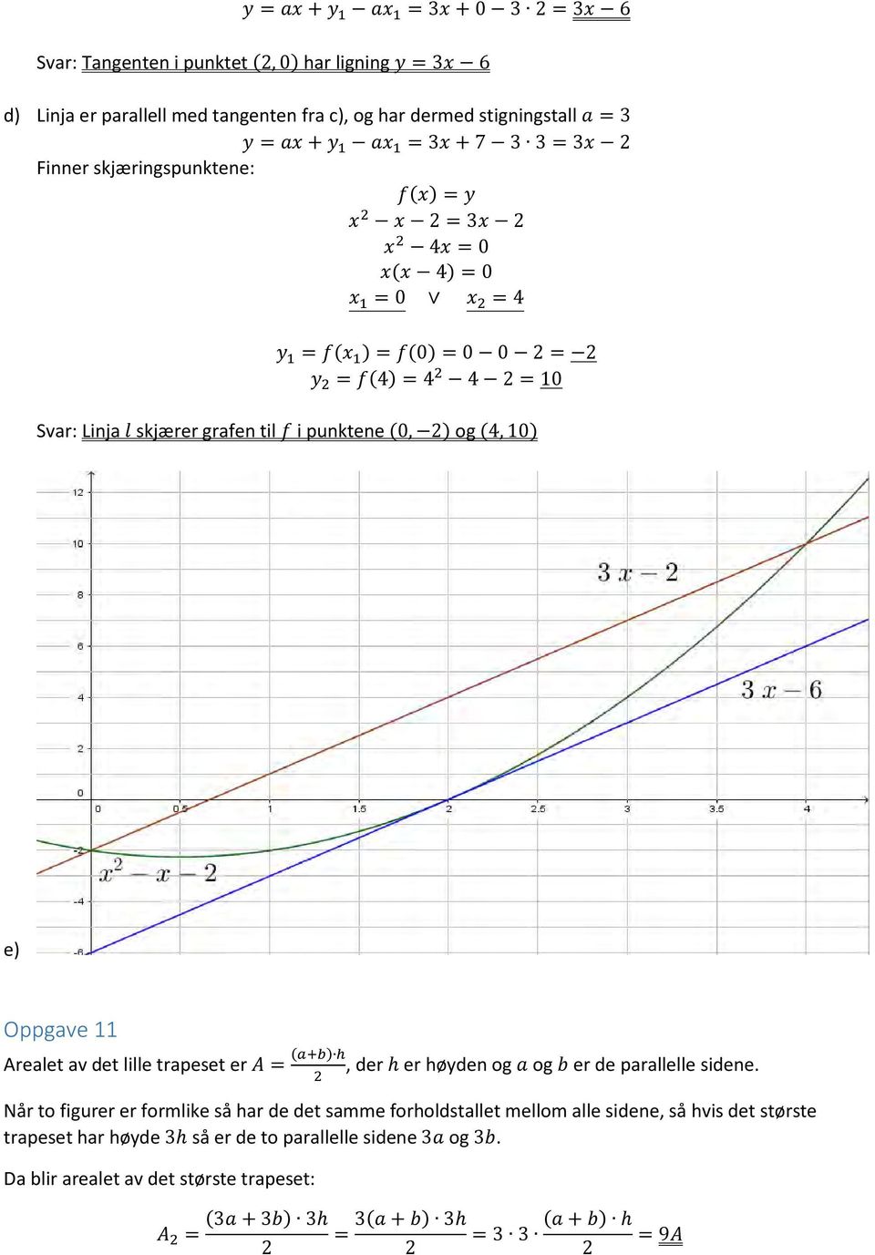 og (4, 10) e) Oppgave 11 Arealet av det lille trapeset er A = (a+b) h, der h er høyden og a og b er de parallelle sidene.