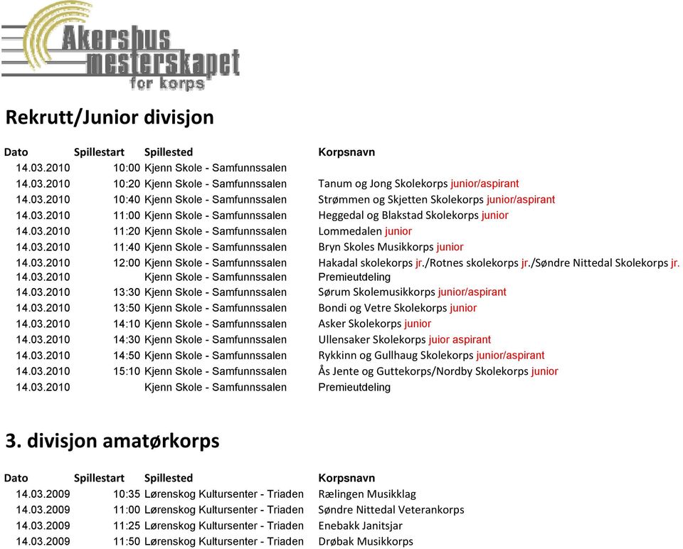 03.2010 12:00 Kjenn Skole - Samfunnssalen Hakadal skolekorps jr./rotnes skolekorps jr./søndre Nittedal Skolekorps jr. 14.03.2010 Kjenn Skole - Samfunnssalen Premieutdeling 14.03.2010 13:30 Kjenn Skole - Samfunnssalen Sørum Skolemusikkorps junior/aspirant 14.