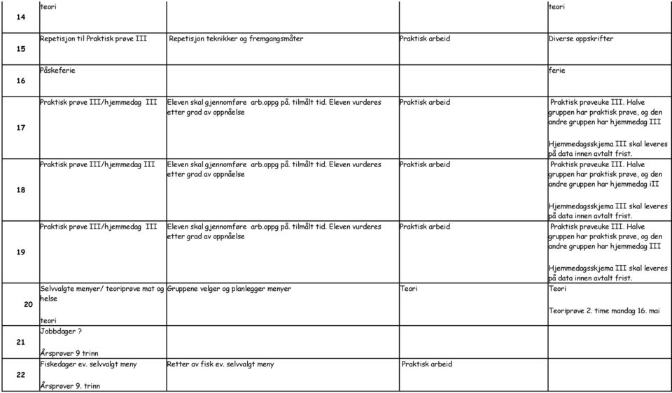 Halve gruppen har praktisk prøve, og den andre gruppen har hjemmedag III Hjemmedagsskjema III skal leveres 18 Praktisk prøve III/hjemmedag III Eleven skal  Halve gruppen har praktisk prøve, og den