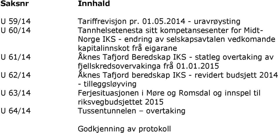 kapitalinnskot frå eigarane U 61/14 Åknes Tafjord Beredskap IKS - statleg overtaking av fjellskredsovervakinga frå 01.