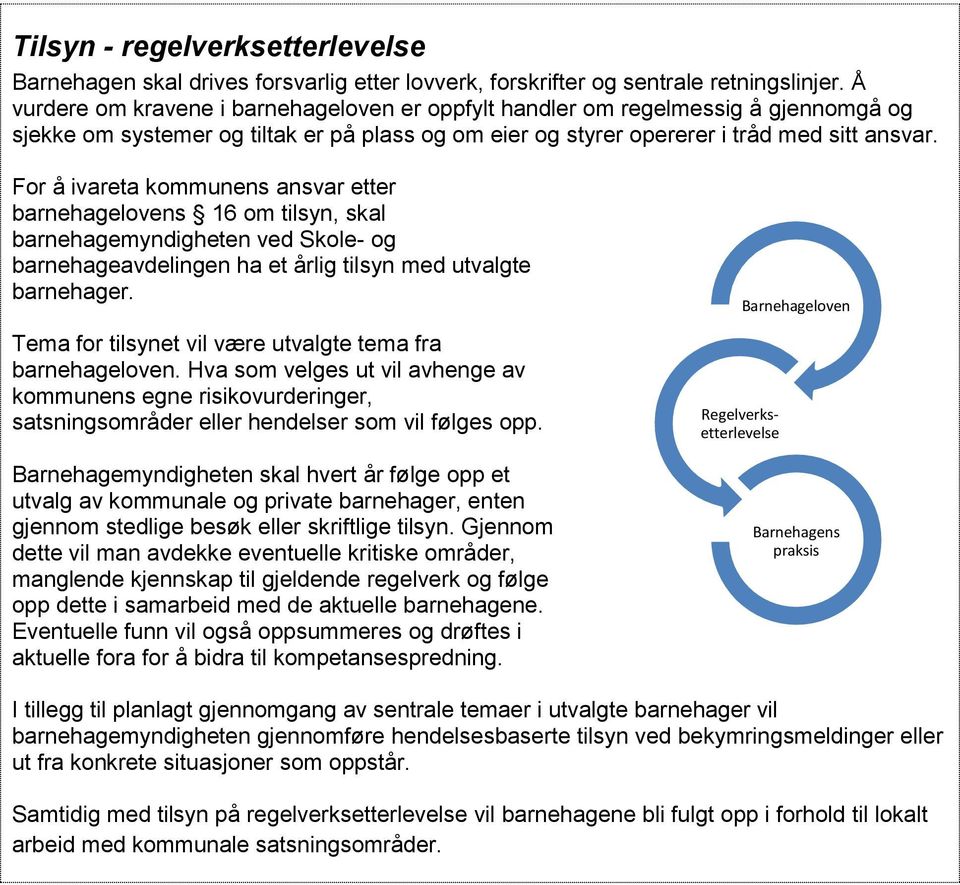 For å ivareta kommunens ansvar etter barnehagelovens 16 om tilsyn, skal barnehagemyndigheten ved Skole- og ha et årlig tilsyn med utvalgte barnehager.