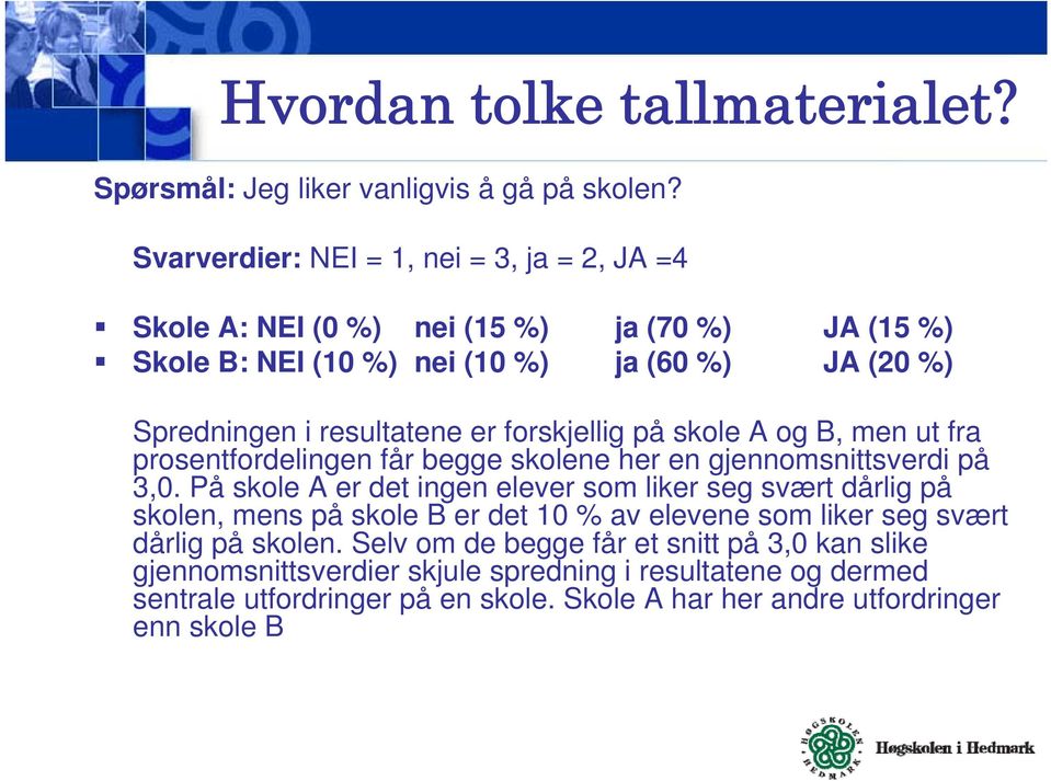 forskjellig på skole A og B, men ut fra prosentfordelingen får begge skolene her en gjennomsnittsverdi på 3,0.