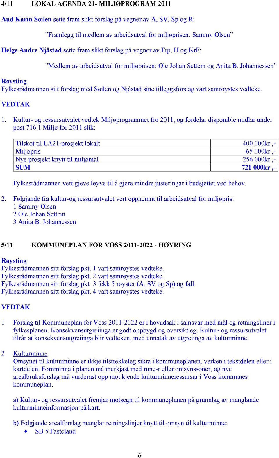 Johannessen Røysting Fylkesrådmannen sitt forslag med Søilen og Njåstad sine tilleggsforslag vart samrøystes vedteke. 1.