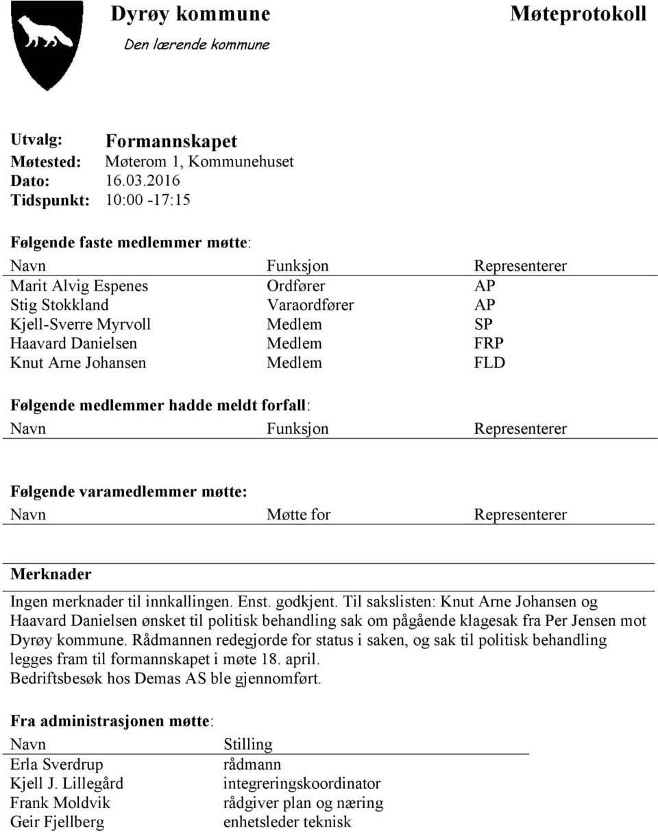 Medlem FRP Knut Arne Johansen Medlem FLD Følgende medlemmer hadde meldt forfall: Navn Funksjon Representerer Følgende varamedlemmer møtte: Navn Møtte for Representerer Merknader Ingen merknader til