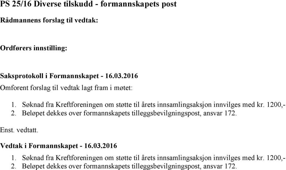 Beløpet dekkes over formannskapets tilleggsbevilgningspost, ansvar 17