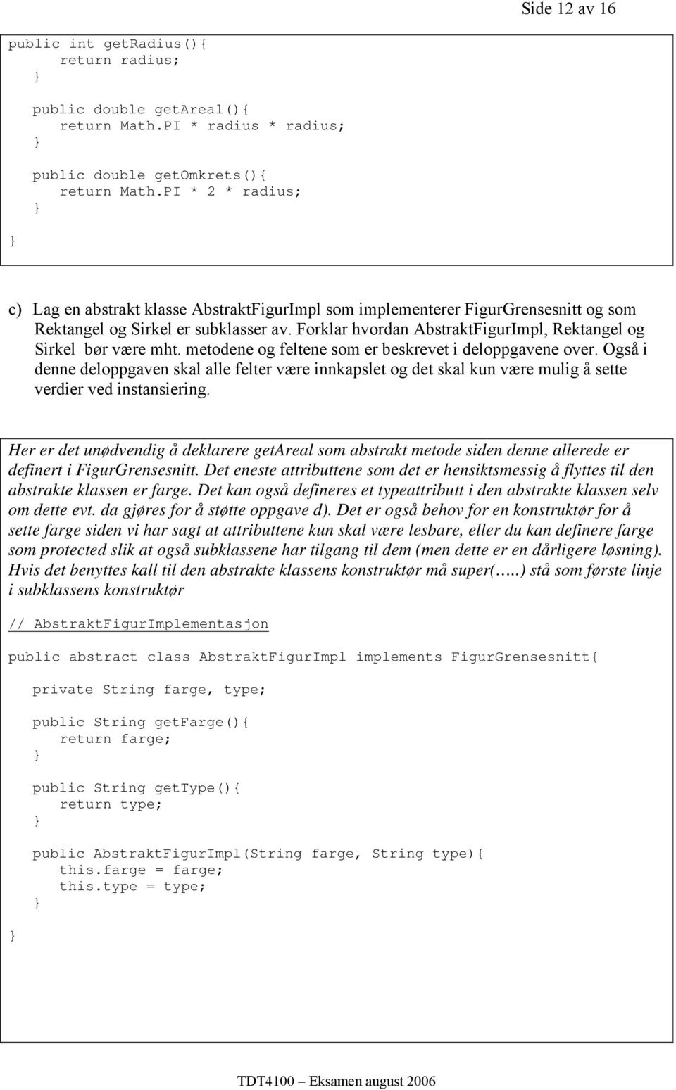 Forklar hvordan AbstraktFigurImpl, Rektangel og Sirkel bør være mht. metodene og feltene som er beskrevet i deloppgavene over.