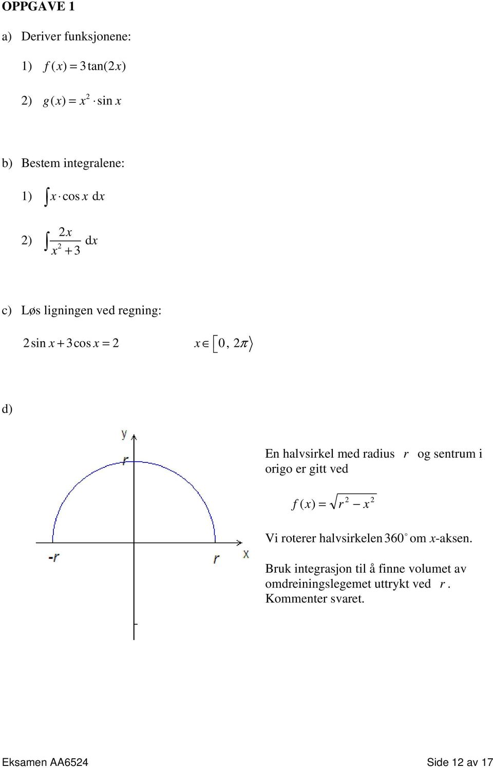 r og sentrum i origo er gitt ved f ( x) = r x Vi roterer halvsirkelen360 om x-aksen.