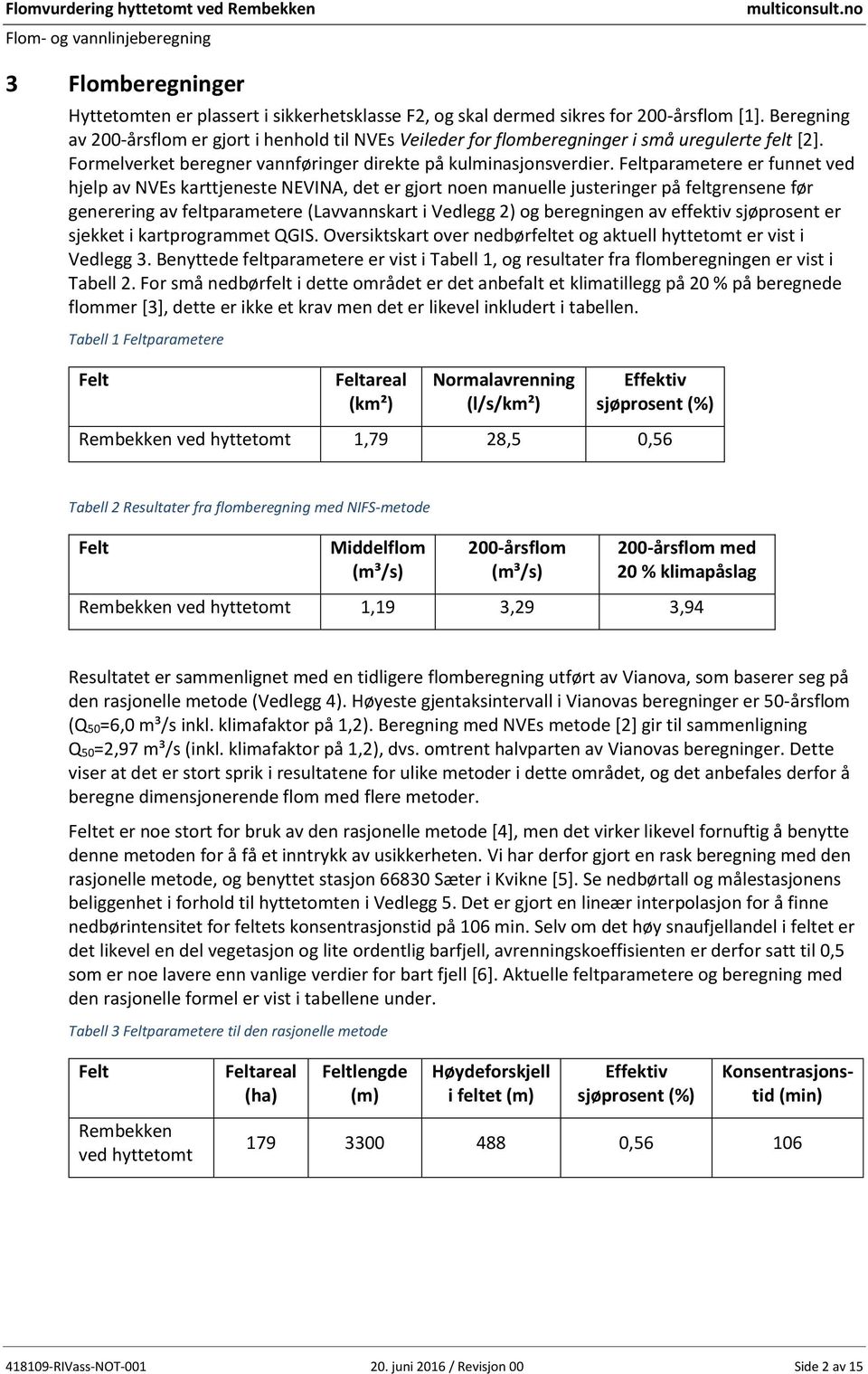 Feltparametere er funnet ved hjelp av NVEs karttjeneste NEVINA, det er gjort noen manuelle justeringer på feltgrensene før generering av feltparametere (Lavvannskart i Vedlegg 2) og beregningen av