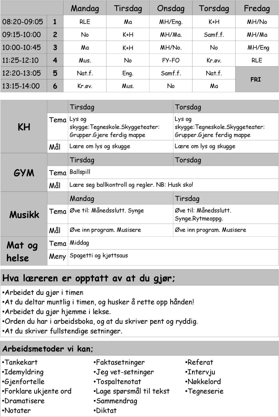 skyggeteater: Grupper.Gjere ferdig mappe Lære om lys og skugge Lære om lys og skugge GYM Musikk Mat og helse Tirsdag Ballspill Torsdag Lære seg ballkontroll og regler. NB: Husk sko!