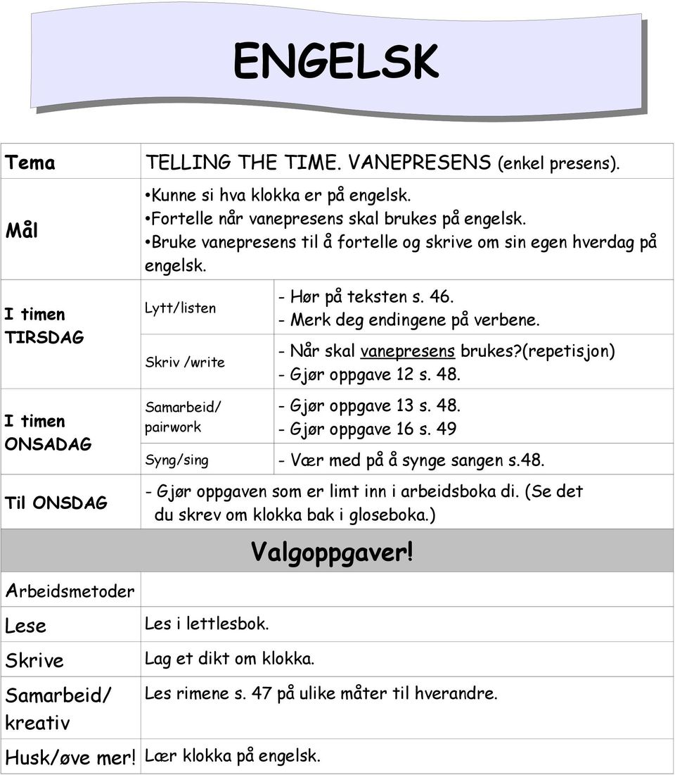 - Når skal vanepresens brukes?(repetisjon) - Gjør oppgave 12 s. 48. - Gjør oppgave 13 s. 48. - Gjør oppgave 16 s. 49 - Vær med på å synge sangen s.48. - Gjør oppgaven som er limt inn i arbeidsboka di.