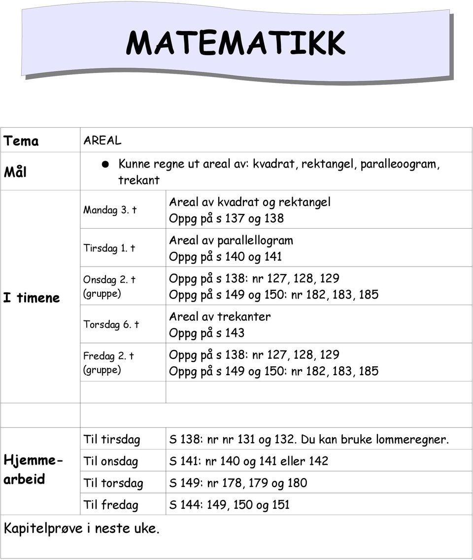 182, 183, 185 Areal av trekanter Oppg på s 143 Oppg på s 138: nr 127, 128, 129 Oppg på s 149 og 150: nr 182, 183, 185 Hjemmearbeid Til tirsdag Kapitelprøve i neste