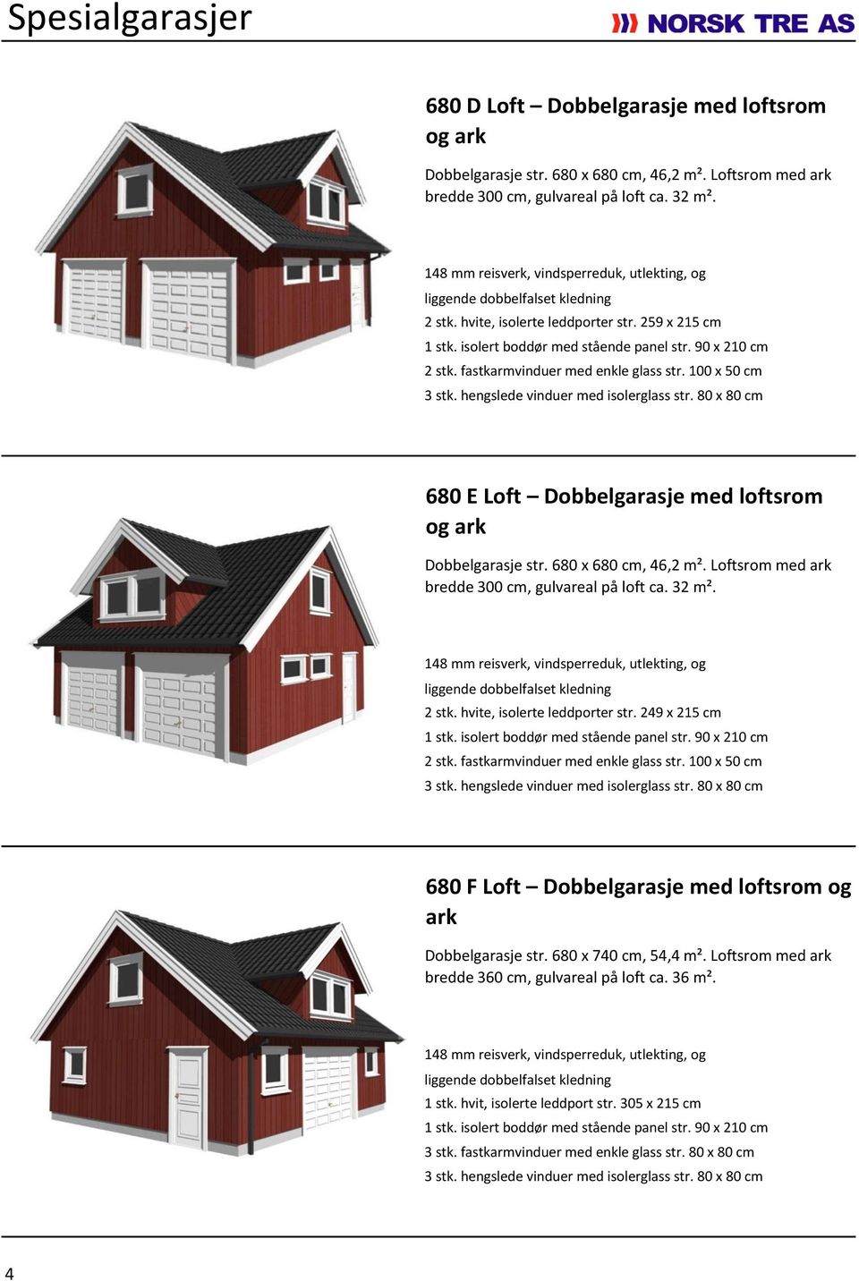 hengslede vinduer med isolerglass str. 80 x 80 cm 680 E Loft Dobbelgarasje med loftsrom og ark Dobbelgarasje str. 680 x 680 cm, 46,2 m². Loftsrom med ark bredde 300 cm, gulvareal på loft ca. 32 m².