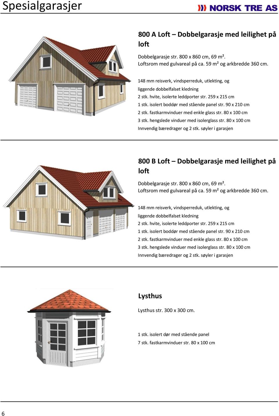 hengslede vinduer med isolerglass str. 80 x 100 cm Innvendig bæredrager og 2 stk. søyler i garasjen 800 B Loft Dobbelgarasje med leilighet på loft Dobbelgarasje str. 800 x 860 cm, 69 m².