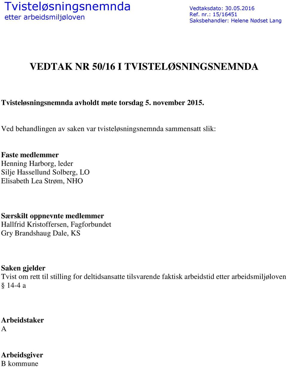 Ved behandlingen av saken var tvisteløsningsnemnda sammensatt slik: Faste medlemmer Henning Harborg, leder Silje Hassellund Solberg, LO Elisabeth Lea Strøm,