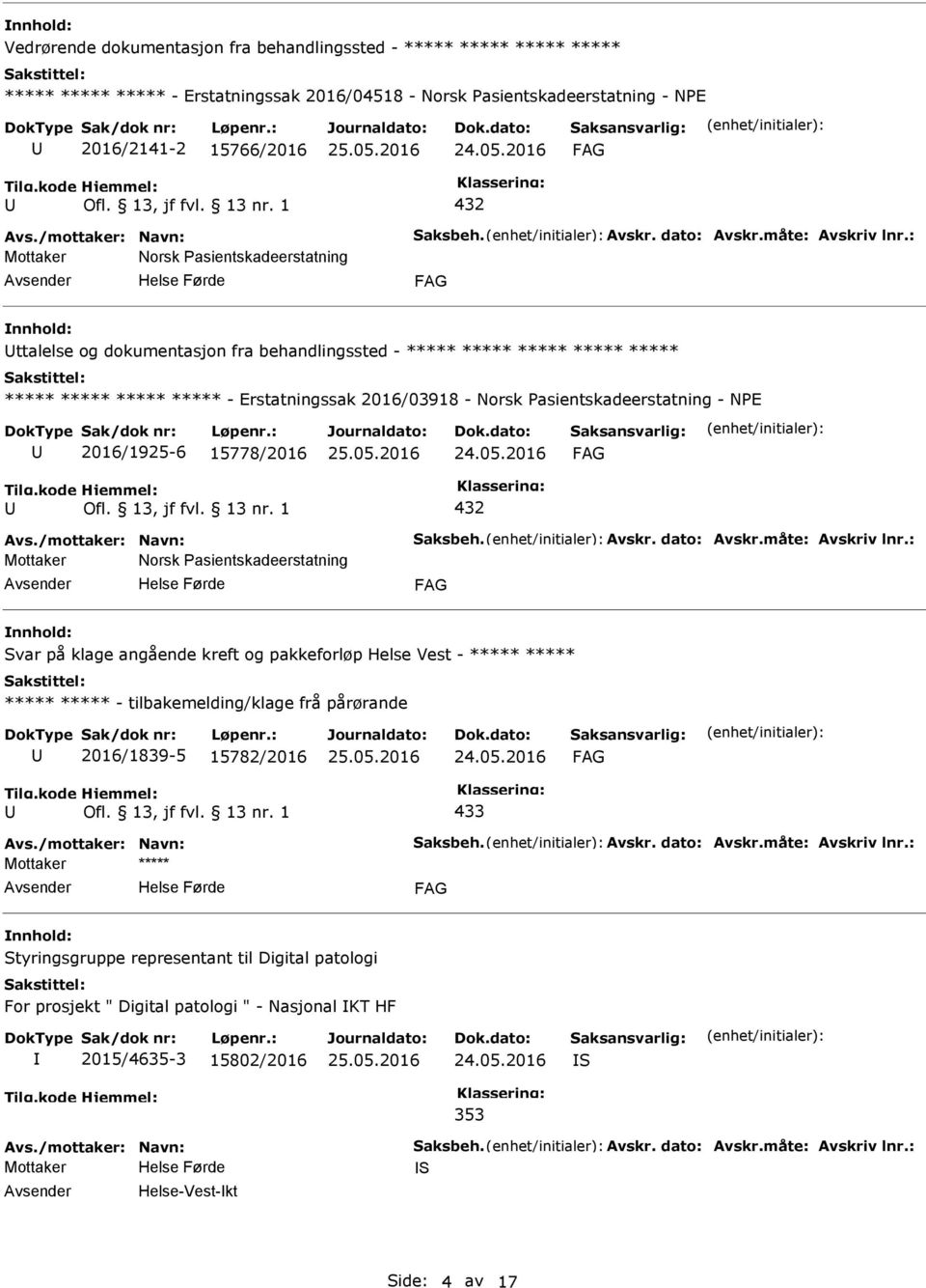 NE 2016/1925-6 15778/2016 432 Mottaker Norsk asientskadeerstatning Svar på klage angående kreft og pakkeforløp Helse Vest - ***** ***** ***** ***** - tilbakemelding/klage frå pårørande