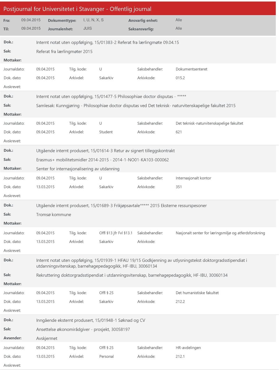 2 Internt notat uten oppfølging, 15/01477-5 Philosophiae doctor disputas - Samlesak: Kunngjøring - Philosophiae doctor disputas ved Det teknisk- naturvitenskapelige fakultet 2015 Dok.