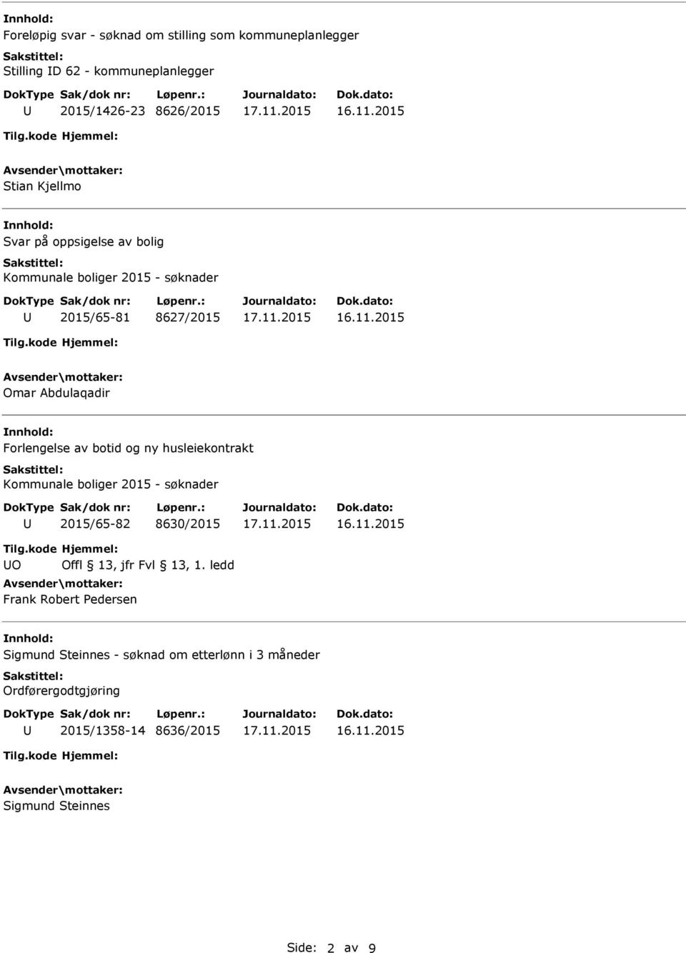 Forlengelse av botid og ny husleiekontrakt Kommunale boliger 2015 - søknader 2015/65-82 8630/2015 O Frank Robert