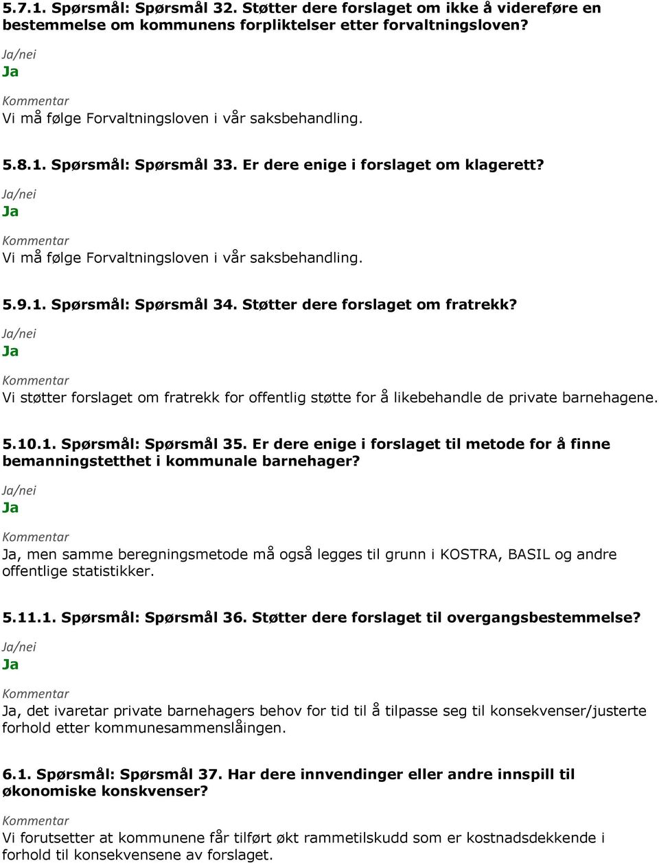 Vi støtter forslaget om fratrekk for offentlig støtte for å likebehandle de private barnehagene. 5.10.1. Spørsmål: Spørsmål 35.