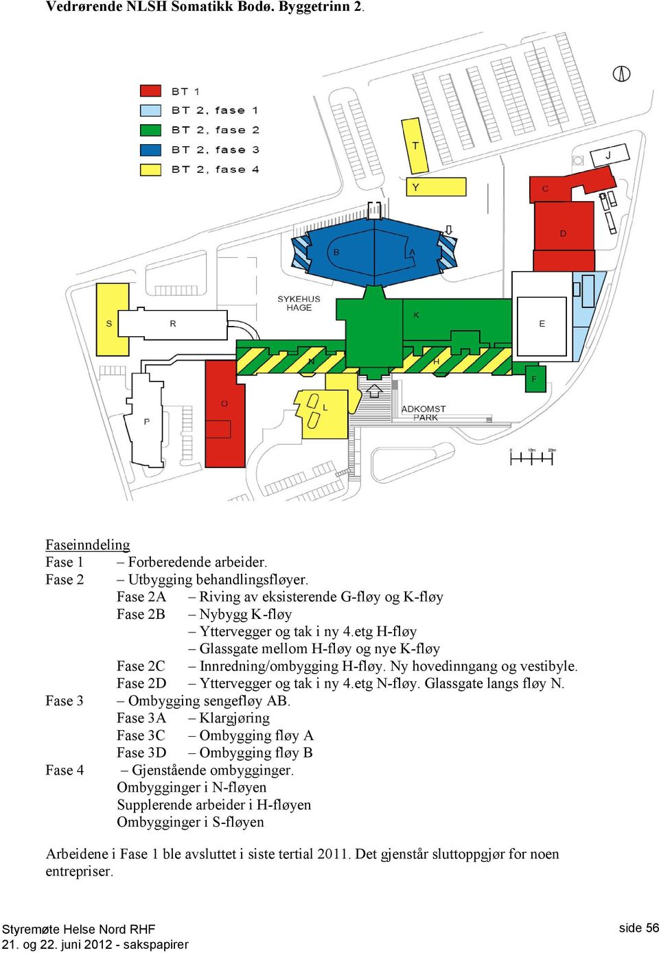 Ny hovedinngang og vestibyle. Fase 2D Yttervegger og tak i ny 4.etg N-fløy. Glassgate langs fløy N. Fase 3 Ombygging sengefløy AB.