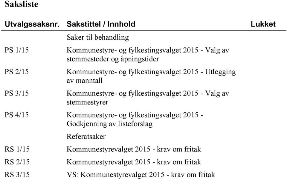 og åpningstider Kommunestyre- og fylkestingsvalget 2015 - Utlegging av manntall Kommunestyre- og fylkestingsvalget 2015 - Valg av