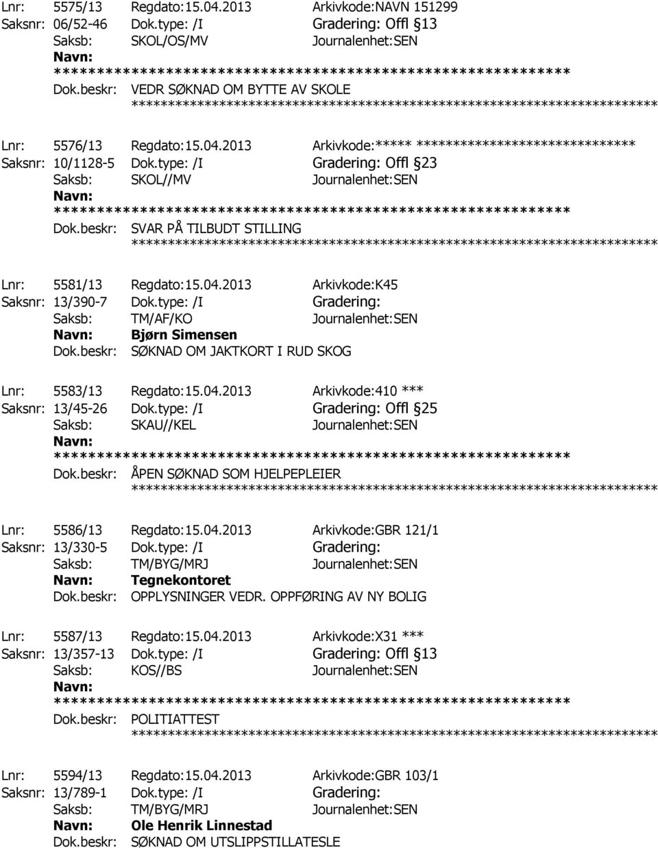 type: /I Gradering: Offl 23 Saksb: SKOL//MV Journalenhet:SEN Dok.beskr: SVAR PÅ TILBUDT STILLING Lnr: 5581/13 Regdato:15.04.2013 Arkivkode:K45 Saksnr: 13/390-7 Dok.
