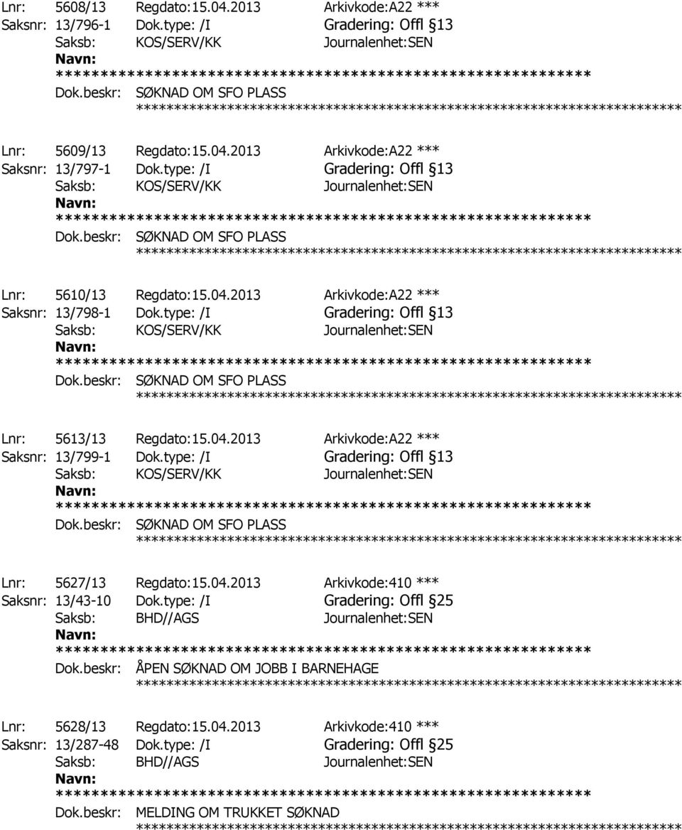 type: /I Gradering: Offl 13 ************ Lnr: 5627/13 Regdato:15.04.2013 Arkivkode:410 *** Saksnr: 13/43-10 Dok.type: /I Gradering: Offl 25 Saksb: BHD//AGS Journalenhet:SEN Dok.