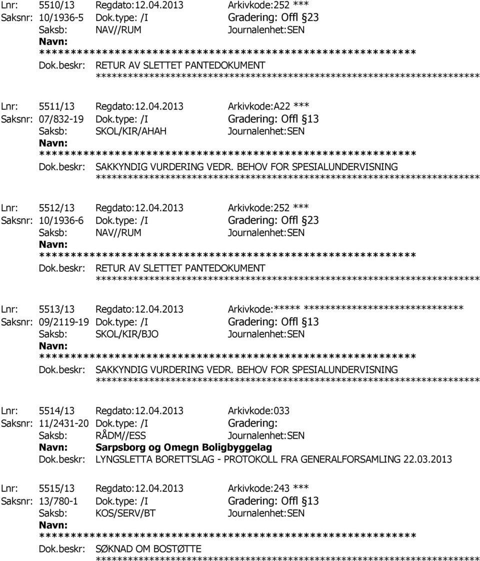 beskr: SAKKYNDIG VURDERING VEDR. BEHOV FOR SPESIALUNDERVISNING ************ Lnr: 5512/13 Regdato:12.04.2013 Arkivkode:252 *** Saksnr: 10/1936-6 Dok.