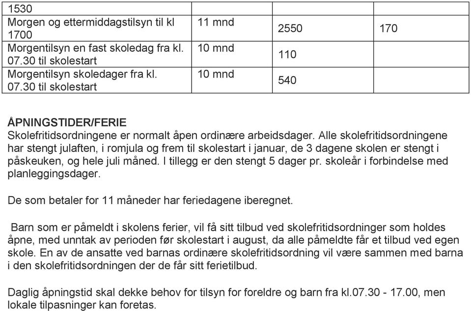 Alle skolefritidsordningene har stengt julaften, i romjula og frem til skolestart i januar, de 3 dagene skolen er stengt i påskeuken, og hele juli måned. I tillegg er den stengt 5 dager pr.