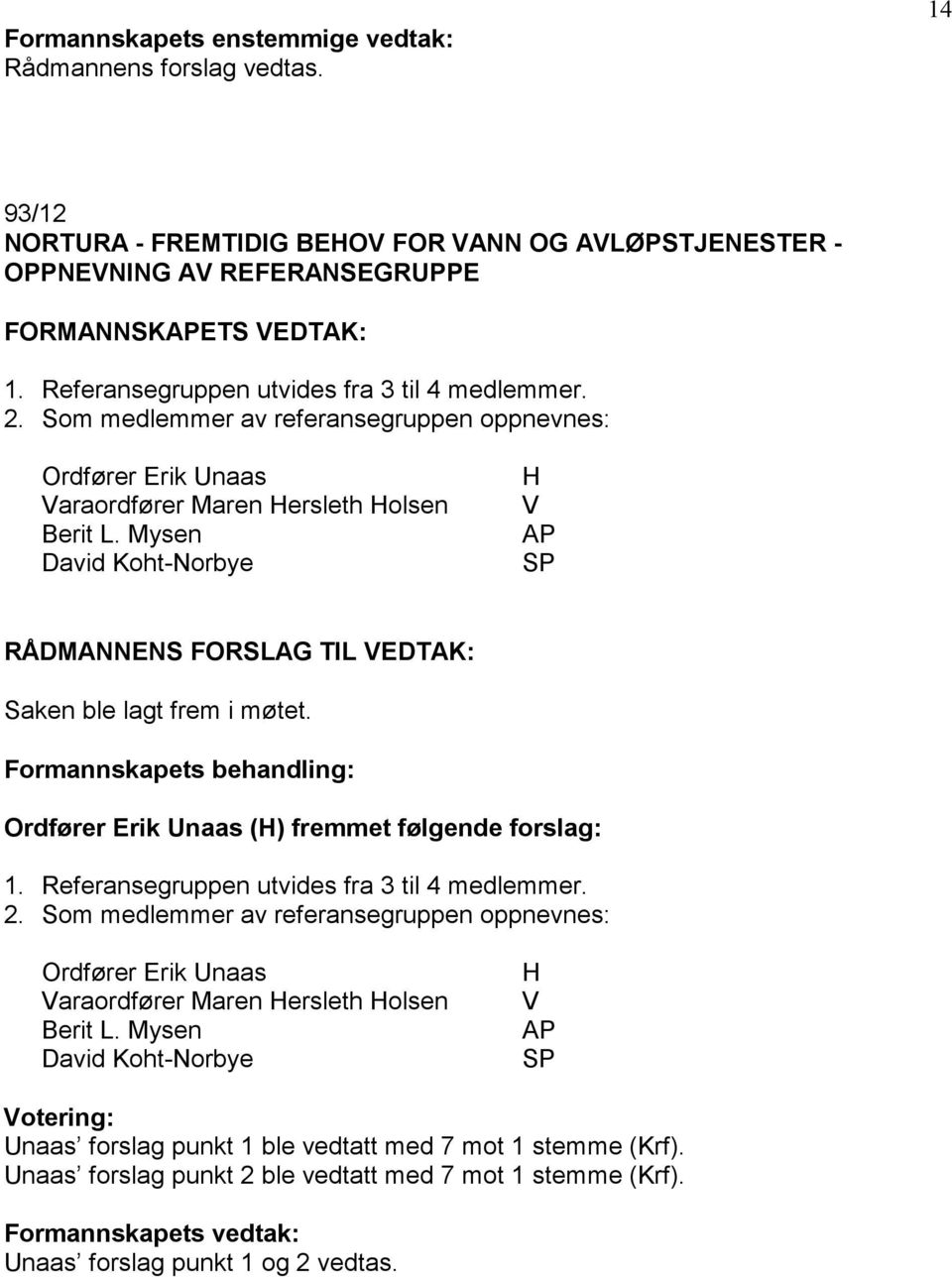 Ordfører Erik Unaas (H) fremmet følgende forslag: 1. Referansegruppen utvides fra 3 til 4 medlemmer. 2.