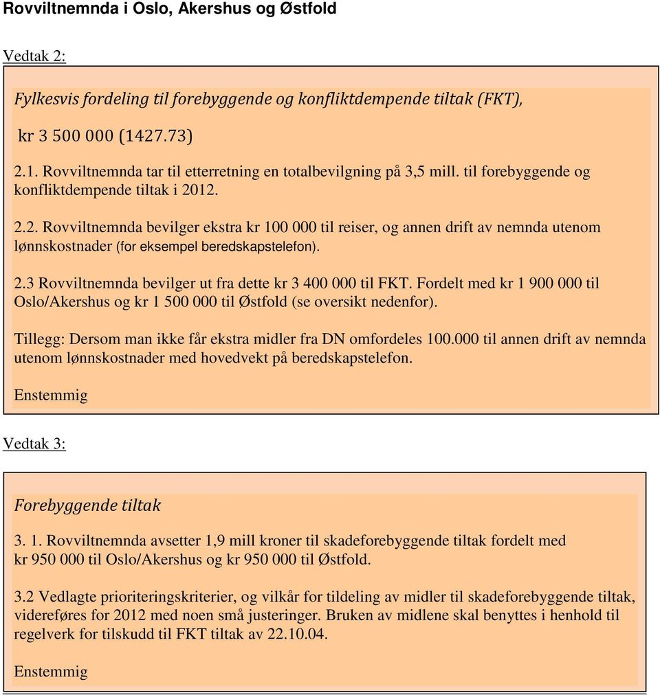 Fordelt med kr 1 900 000 til Oslo/Akershus og kr 1 500 000 til Østfold (se oversikt nedenfor). Tillegg: Dersom man ikke får ekstra midler fra DN omfordeles 100.