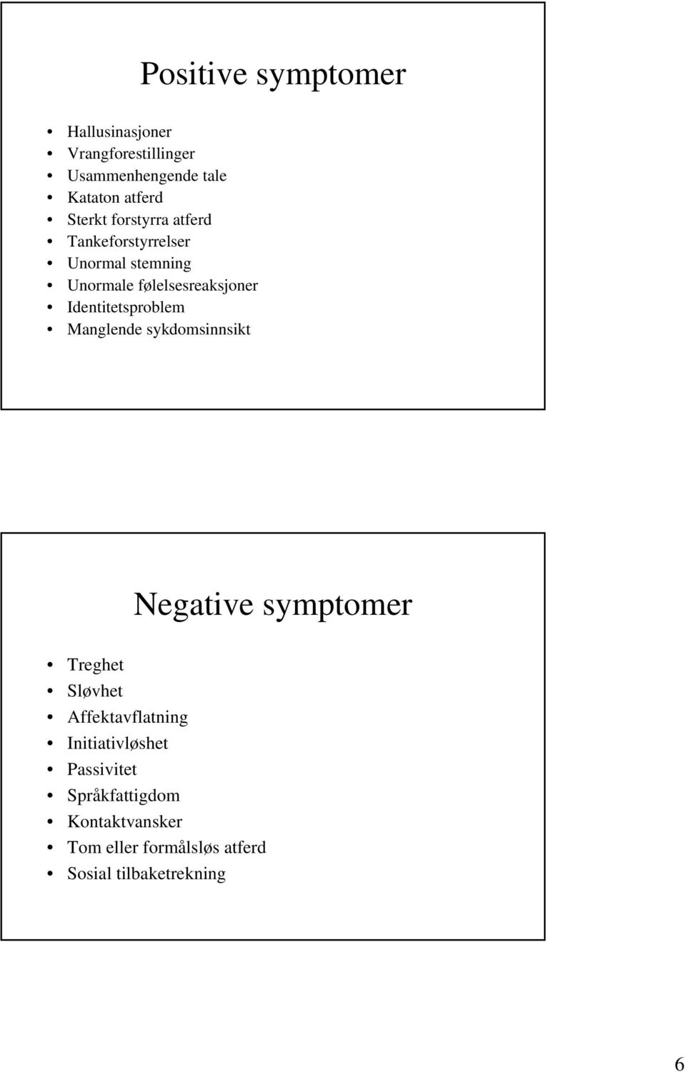 Identitetsproblem Manglende sykdomsinnsikt Negative symptomer Treghet Sløvhet Affektavflatning