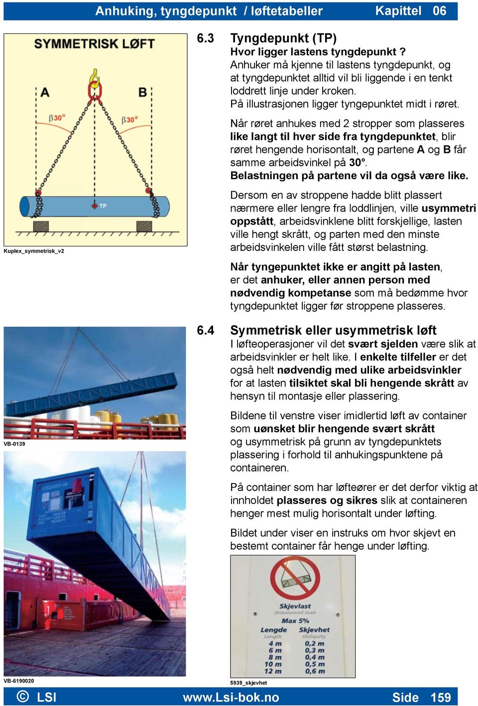 Når røret anhukes med 2 stropper som plasseres like langt til hver side fra tyngdepunktet, blir røret hengende horisontalt, og partene A og B får samme arbeidsvinkel på 30.