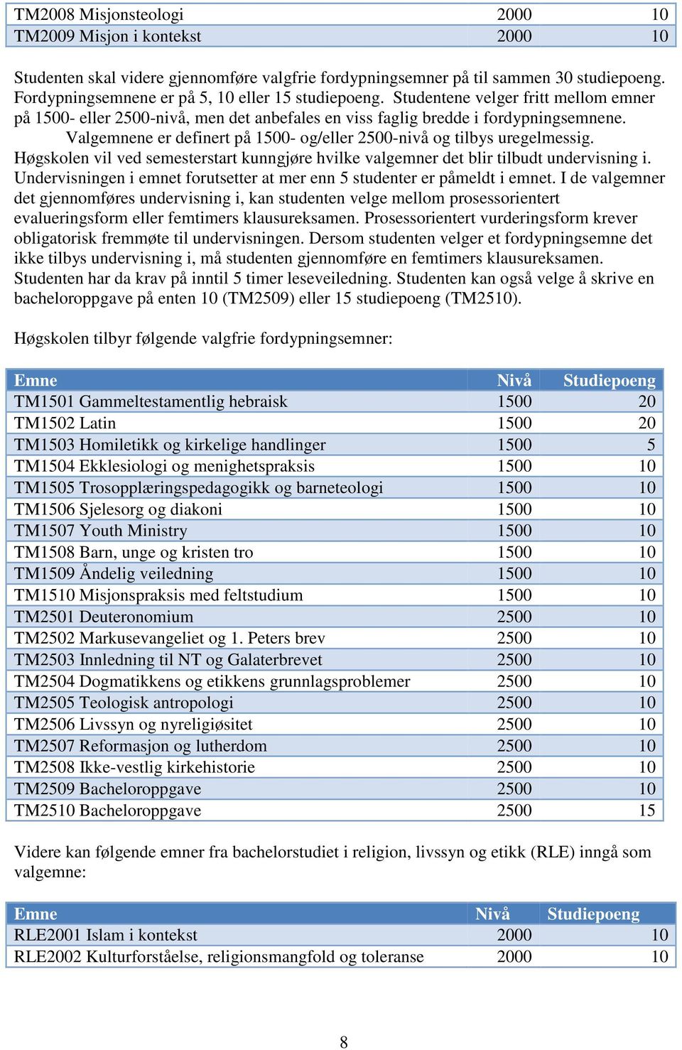 Valgemnene er definert på 1500- og/eller 2500-nivå og tilbys uregelmessig. Høgskolen vil ved semesterstart kunngjøre hvilke valgemner det blir tilbudt undervisning i.