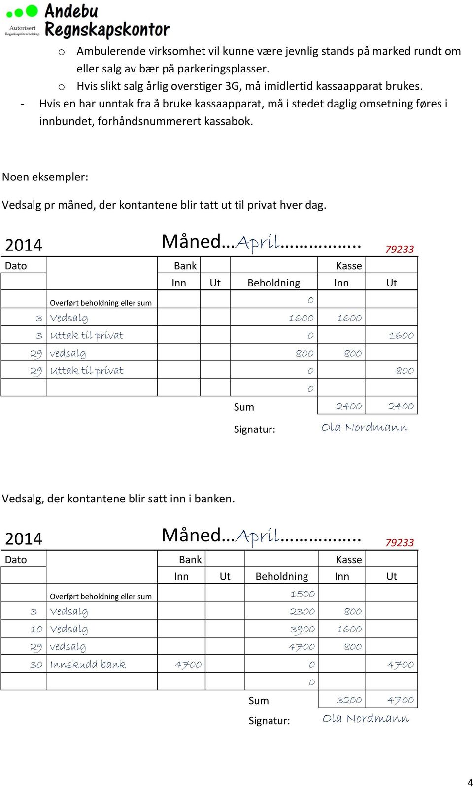 Noen eksempler: Vedsalg pr måned, der kontantene blir tatt ut til privat hver dag. 2014 Måned April.