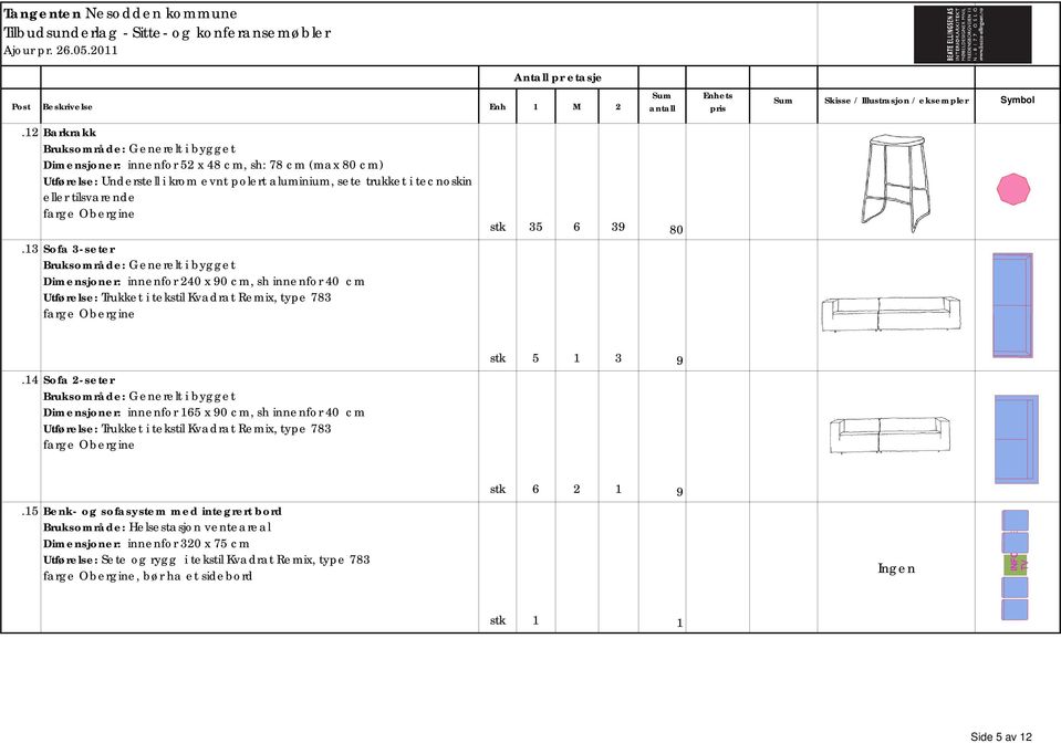 14 Sofa 2-seter Bruksområde: Generelt i bygget Dimensjoner: innenfor 165 x 90 cm, sh innenfor 40 cm Utførelse: Trukket i tekstil Kvadrat Remix, type 783 farge Obergine stk 5 1 3 9.